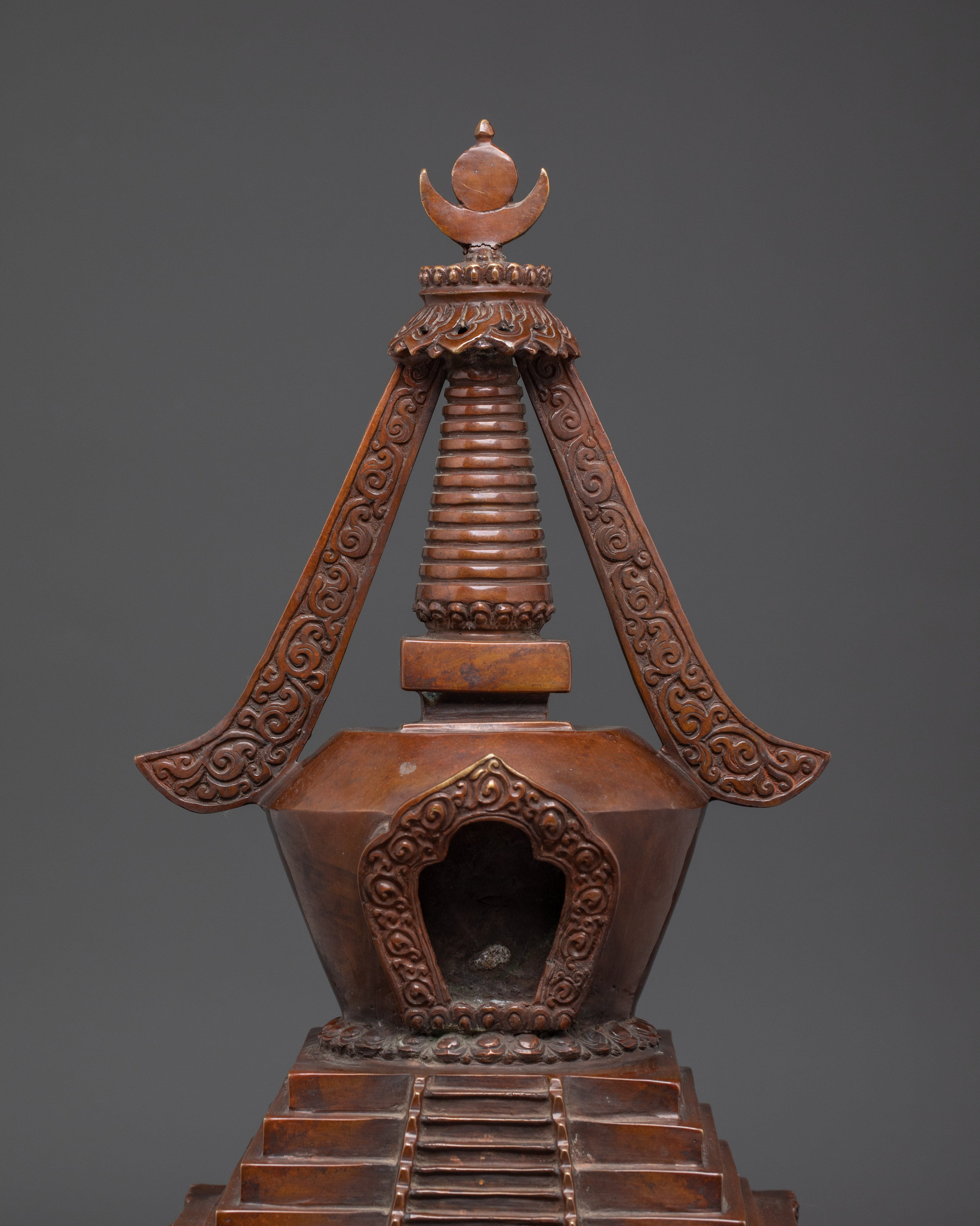 Oxidized Copper Tibetan Stupa | Handmade Buddhist Ritual Sculpture for Shrine