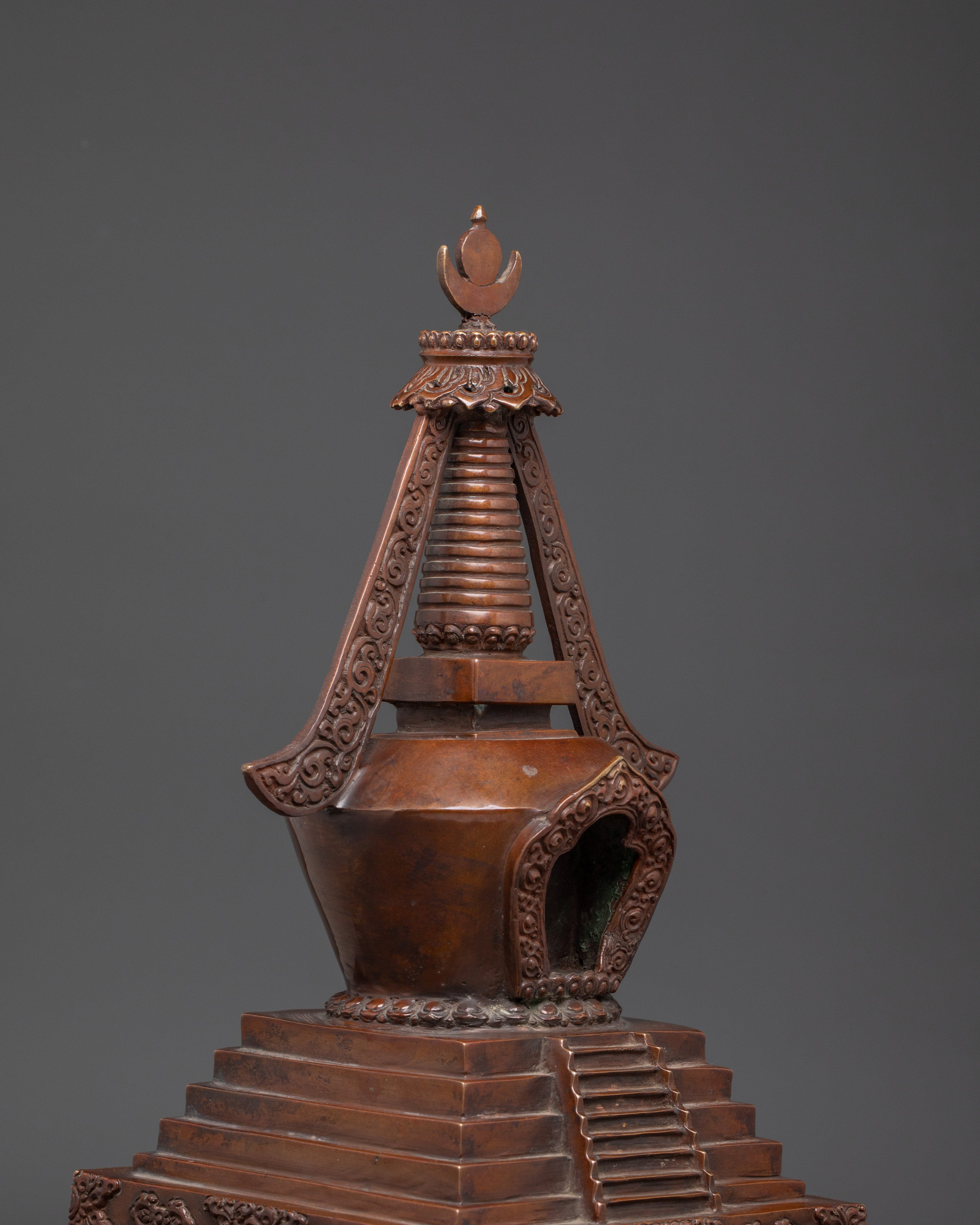 Oxidized Copper Tibetan Stupa | Handmade Buddhist Ritual Sculpture for Shrine
