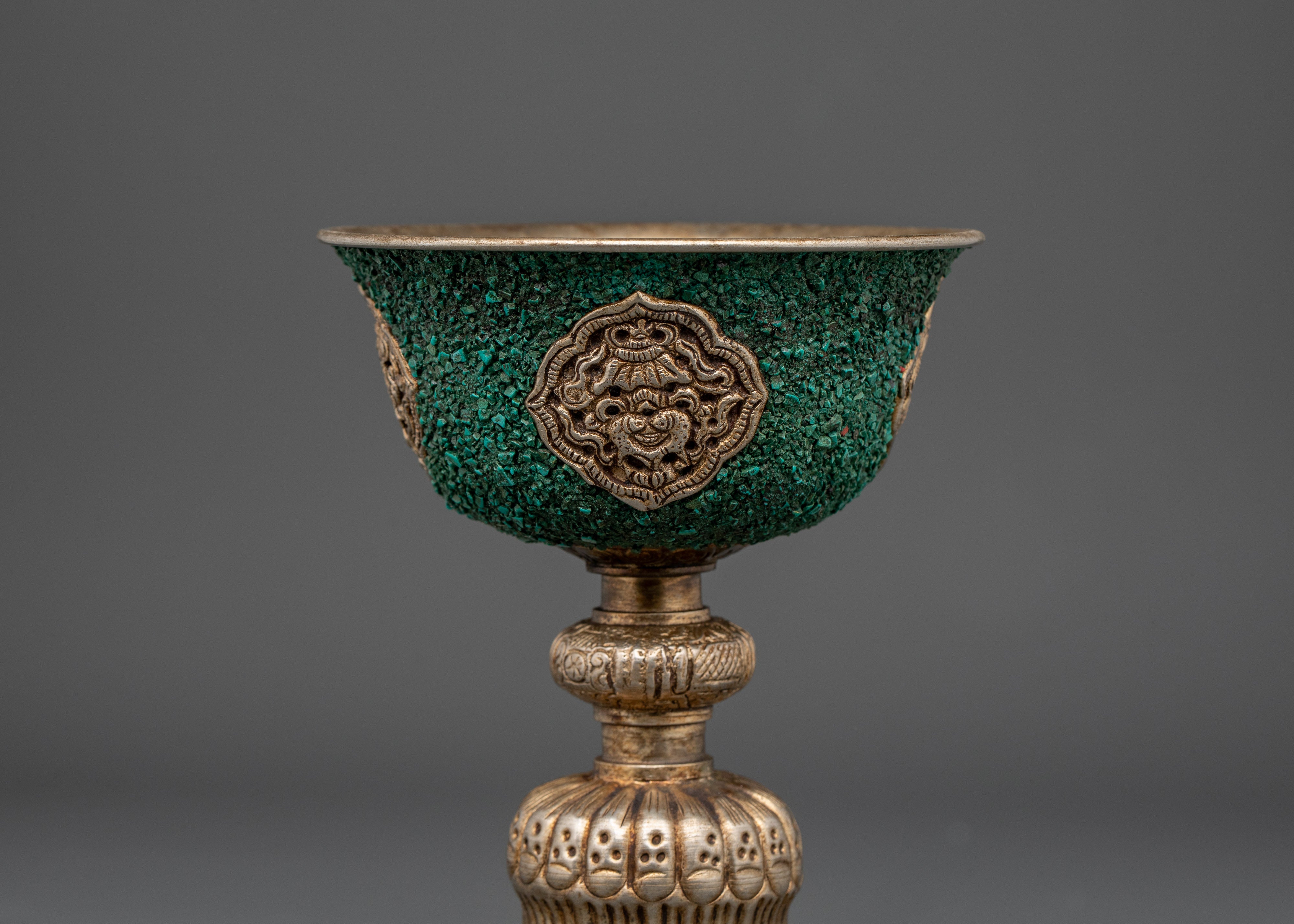 Temple Butter Lamp with Turquoise Inlay | Copper Ritual Light for Buddhist Altar