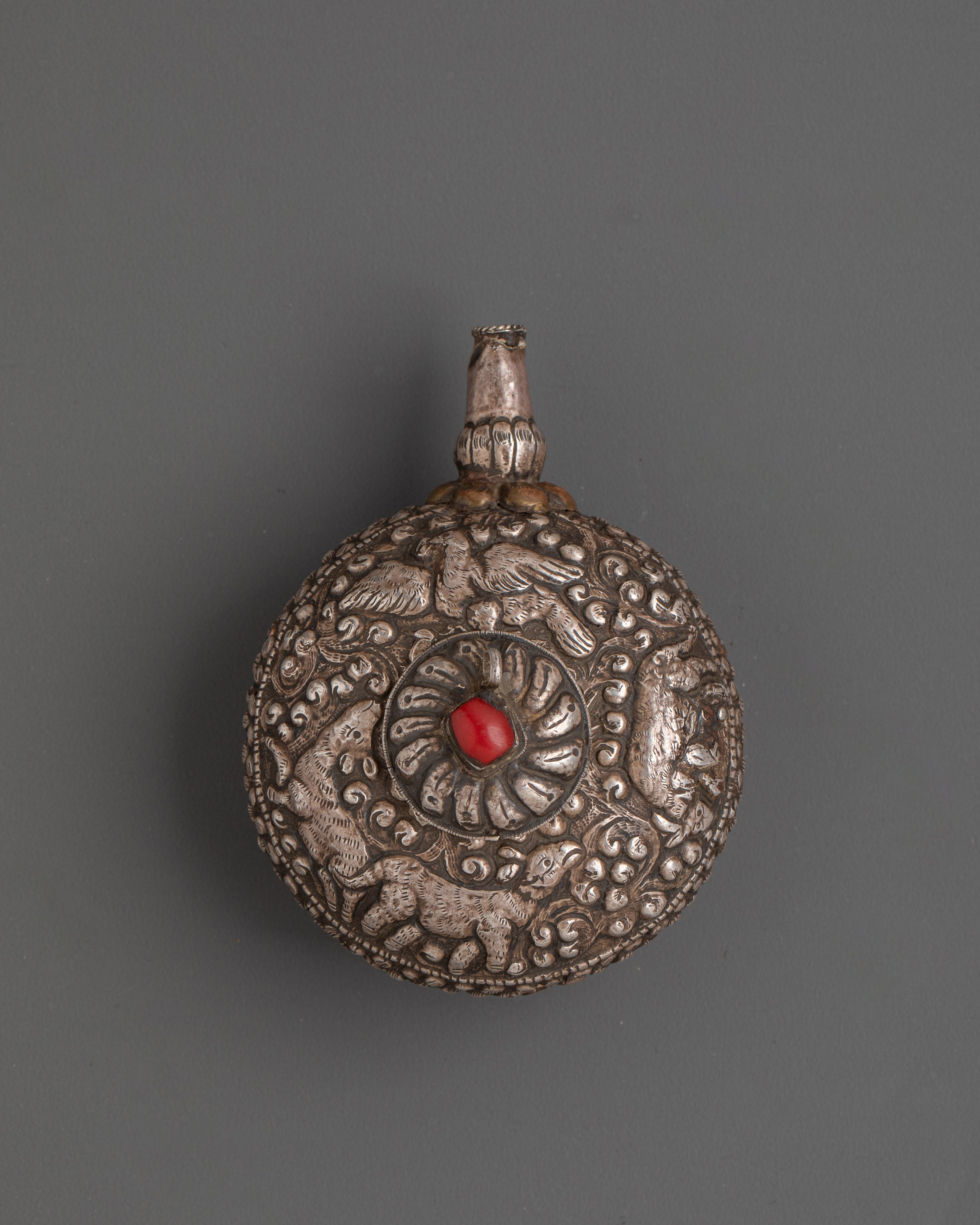 Handcrafted Tibetan Silver Snuff Bottle | 92.5 Silver with Red Coral