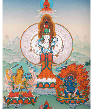 1000 Armed Chenrezig With Manjushri, Vajrapani and Amitabha 