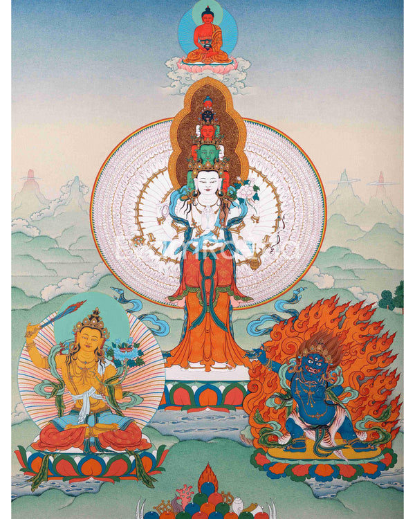 1000 Armed Chenrezig With Manjushri, Vajrapani and Amitabha 