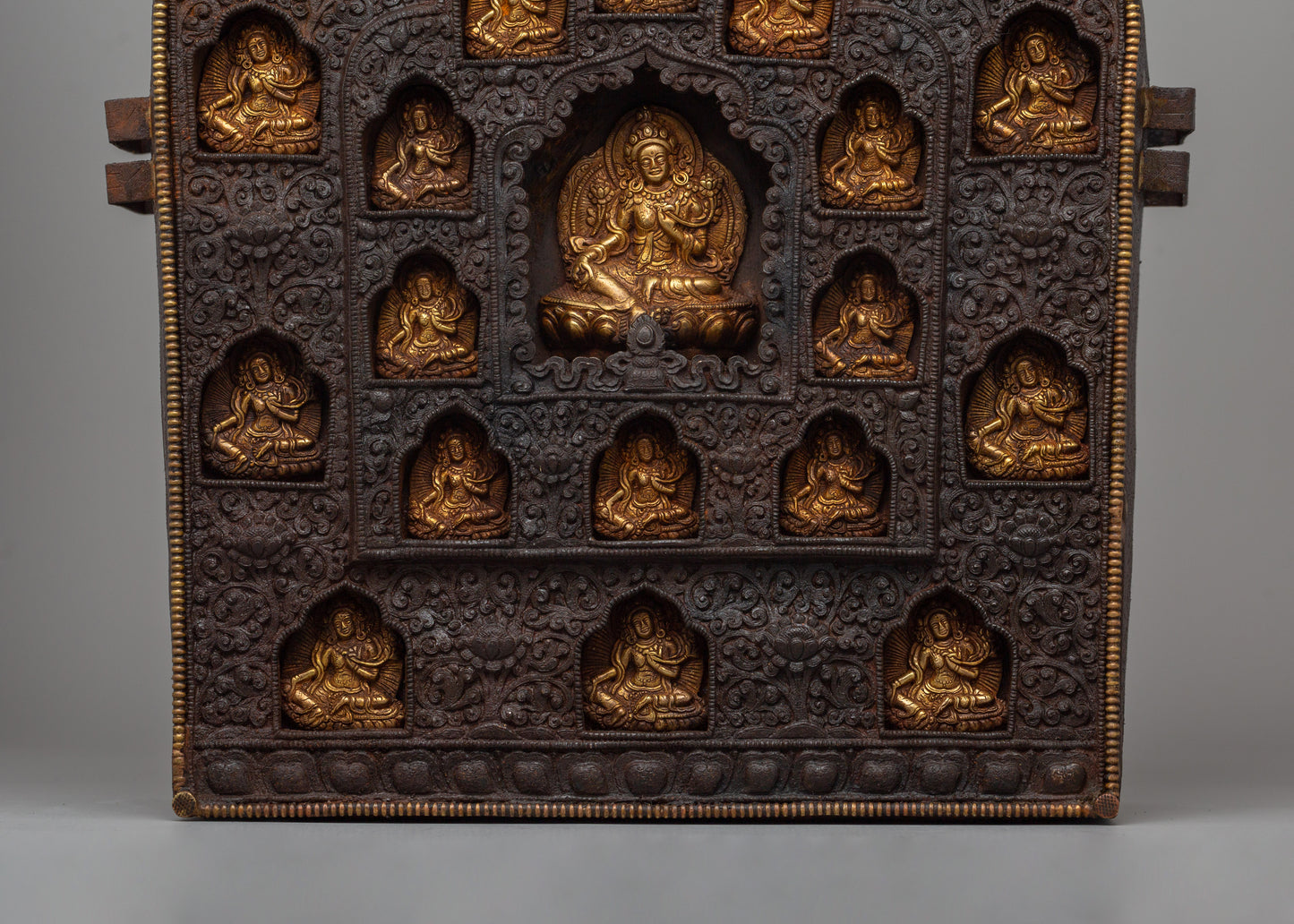 Iron Ghau Box with 21 Tara Carvings | Handmade Tibetan Ritual Artifact