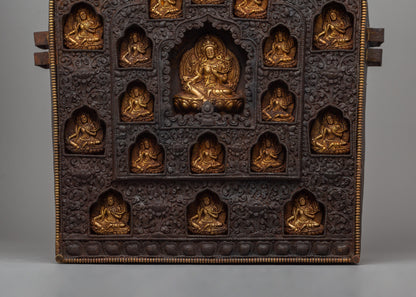 Iron Ghau Box with 21 Tara Carvings | Handmade Tibetan Ritual Artifact