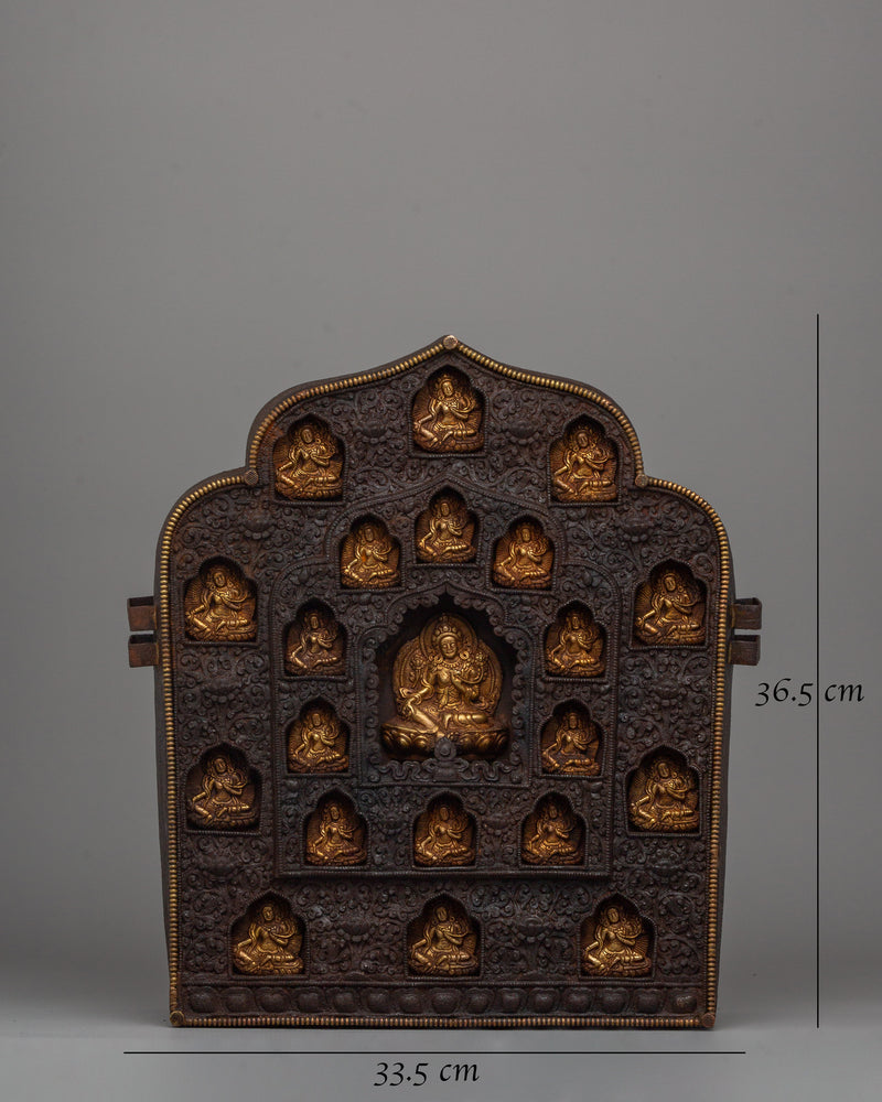 Iron Ghau Box with 21 Tara Carvings | Handmade Tibetan Ritual Artifact