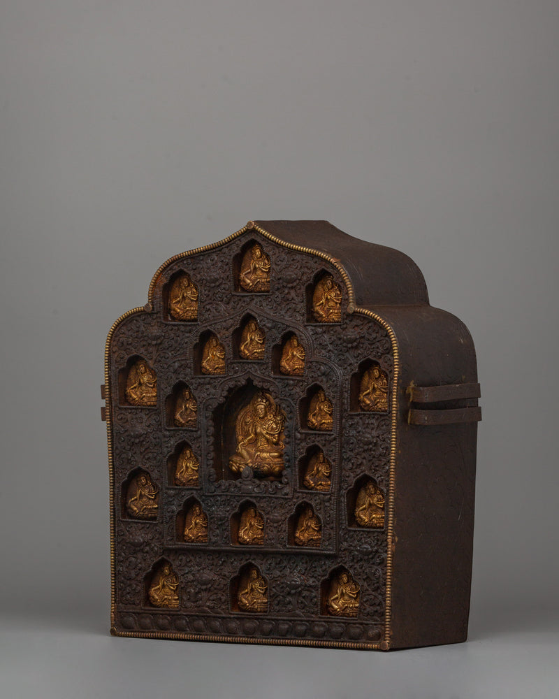 Iron Ghau Box with 21 Tara Carvings | Handmade Tibetan Ritual Artifact