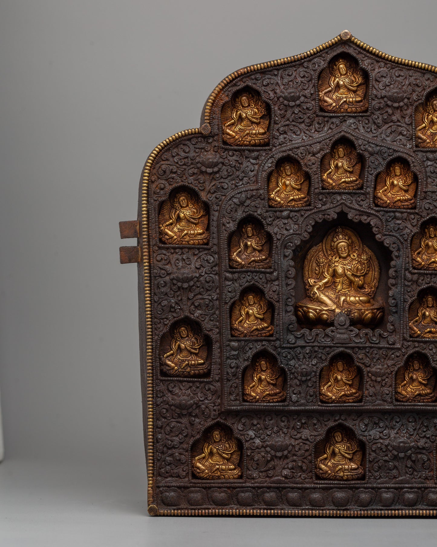 Iron Ghau Box with 21 Tara Carvings | Handmade Tibetan Ritual Artifact