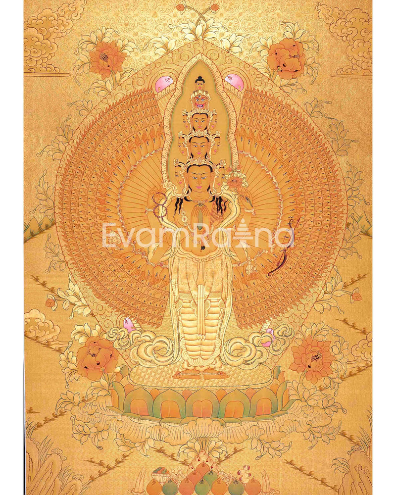 Genuine 24K Full Gold Lokeshvara Thangka Painting | 1000 Armed Avalokiteshvara | Tibetan Wall Decoration | Arts For House and Office Decor