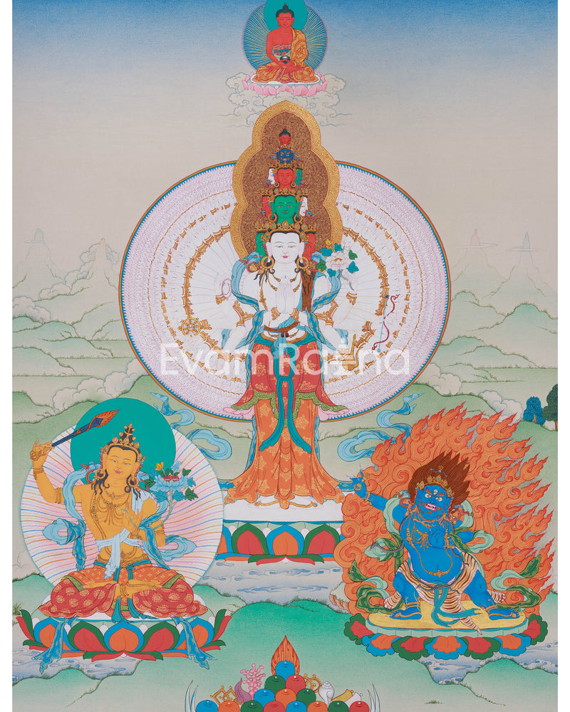 1000 Armed Chenrezig with Manjushri and Vajrapani