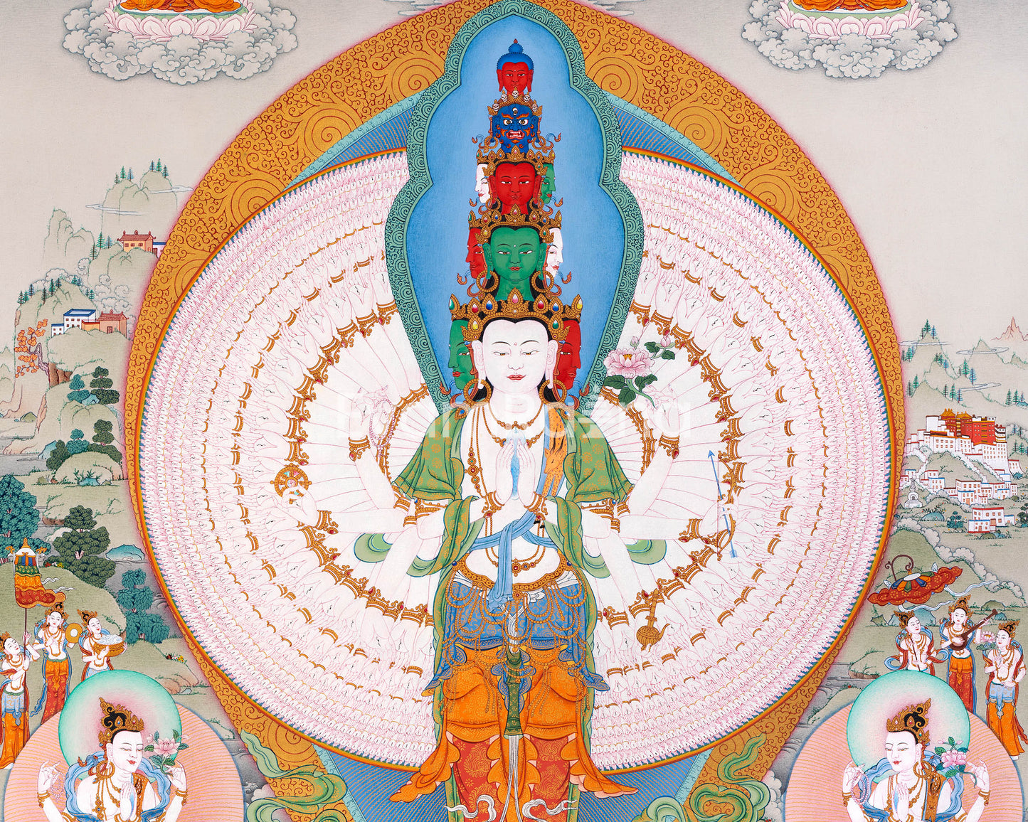 1000 Armed Chenresig Thangka Print | Bodhisattva Canvas Art | Avalokiteshvara Decors