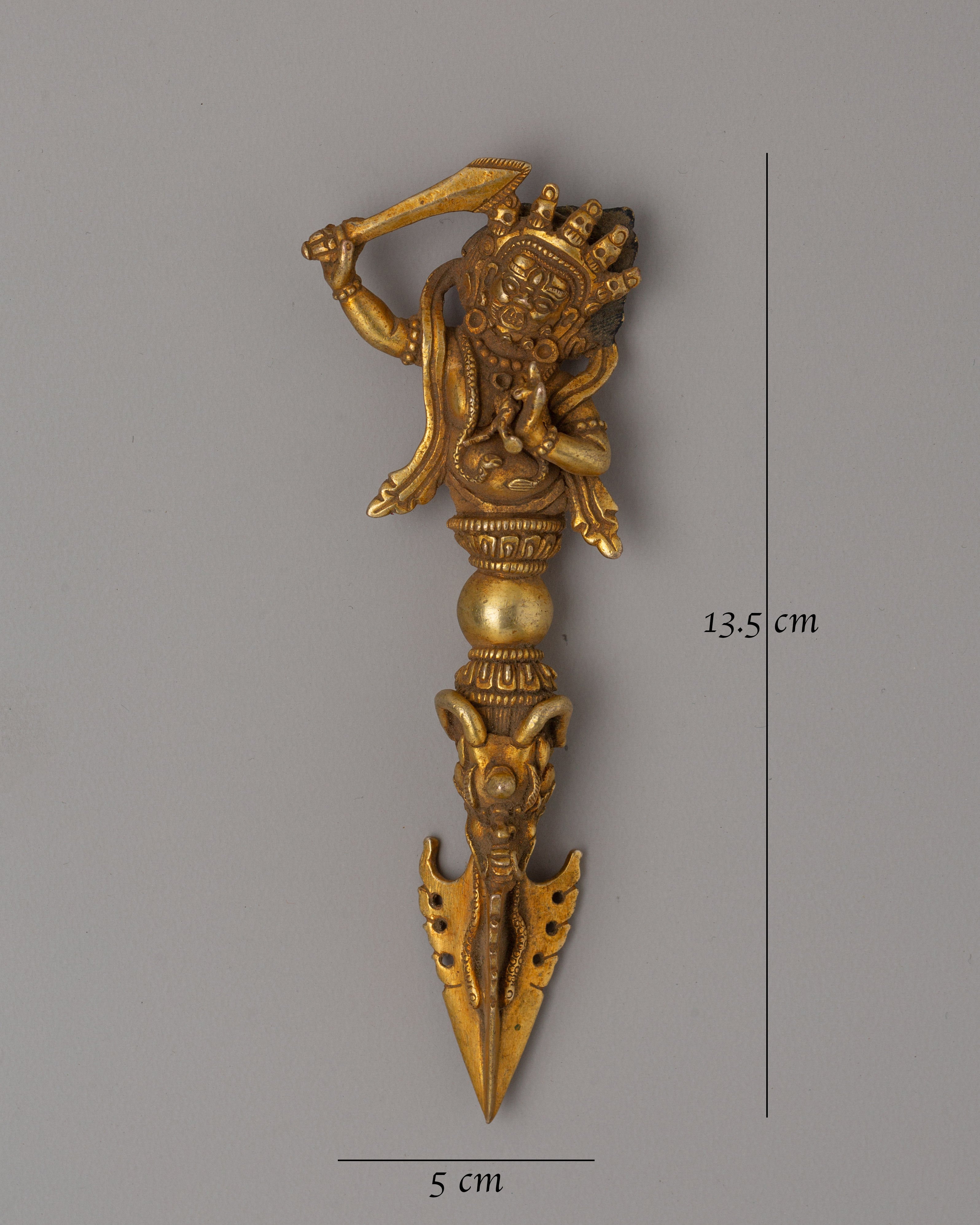 Gold-Plated Tibetan Phurba Ritual Dagger Vajrakila | Meditation, Spiritual Altar Artifact