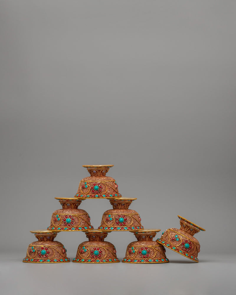 Set of Tibetan Offering Bowls | Turquoise & Coral Filigree Work for Altar Décor