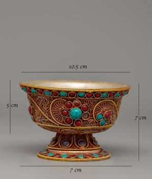 Set of Tibetan Offering Bowls | Turquoise & Coral Filigree Work for Altar Décor