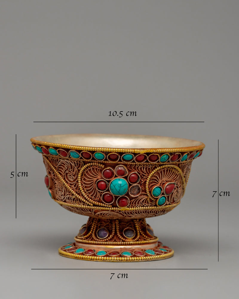 Set of Tibetan Offering Bowls | Turquoise & Coral Filigree Work for Altar Décor