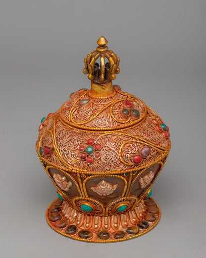 Crystal Dhupur Rice Pot | Handcrafted Copper Pot with Filigree and Gold Plating