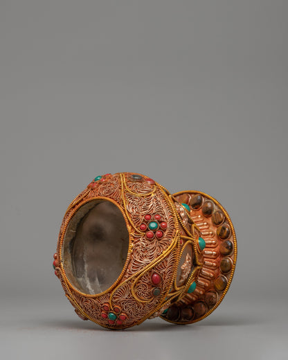 Crystal Dhupur Rice Pot | Handcrafted Copper Pot with Filigree and Gold Plating