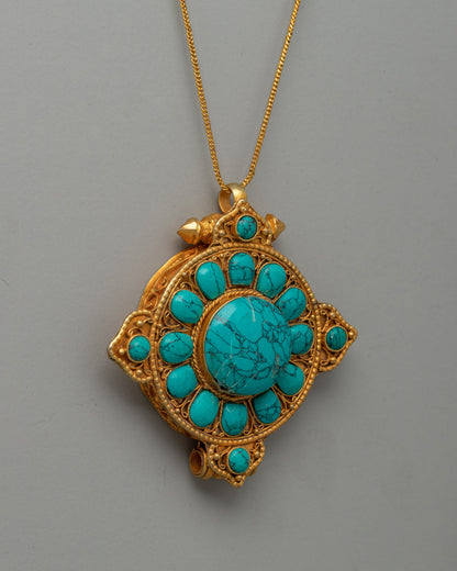 Ghau Copper Box Locket | Handmade Turquoise Gold-Plated Box