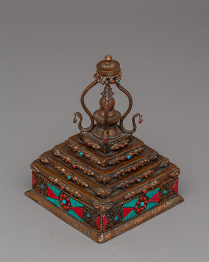 Authentic Buddhist Stupa in Oxidized Copper | Sacred Sculpture for Peace and Harmony