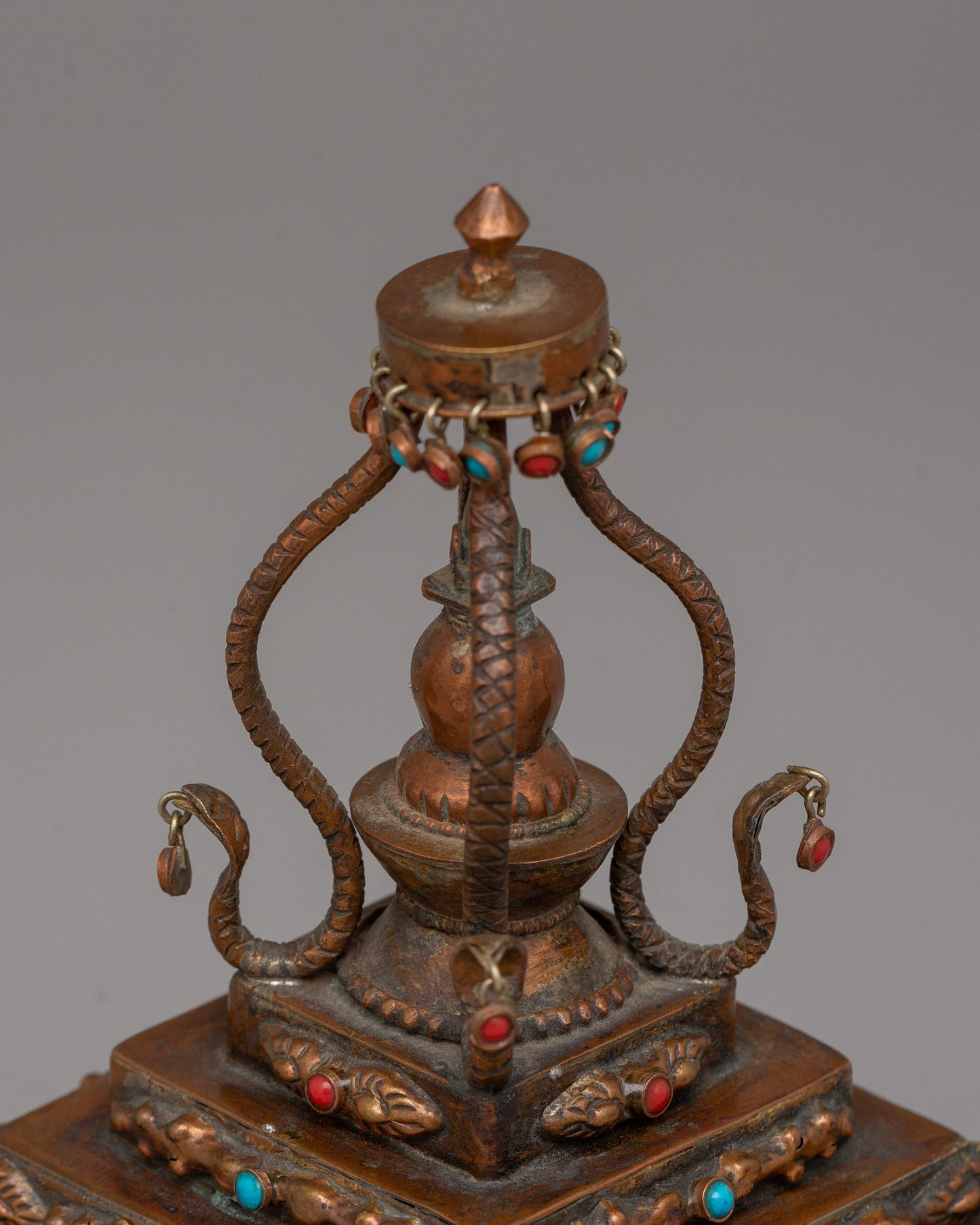 Authentic Buddhist Stupa in Oxidized Copper | Sacred Sculpture for Peace and Harmony