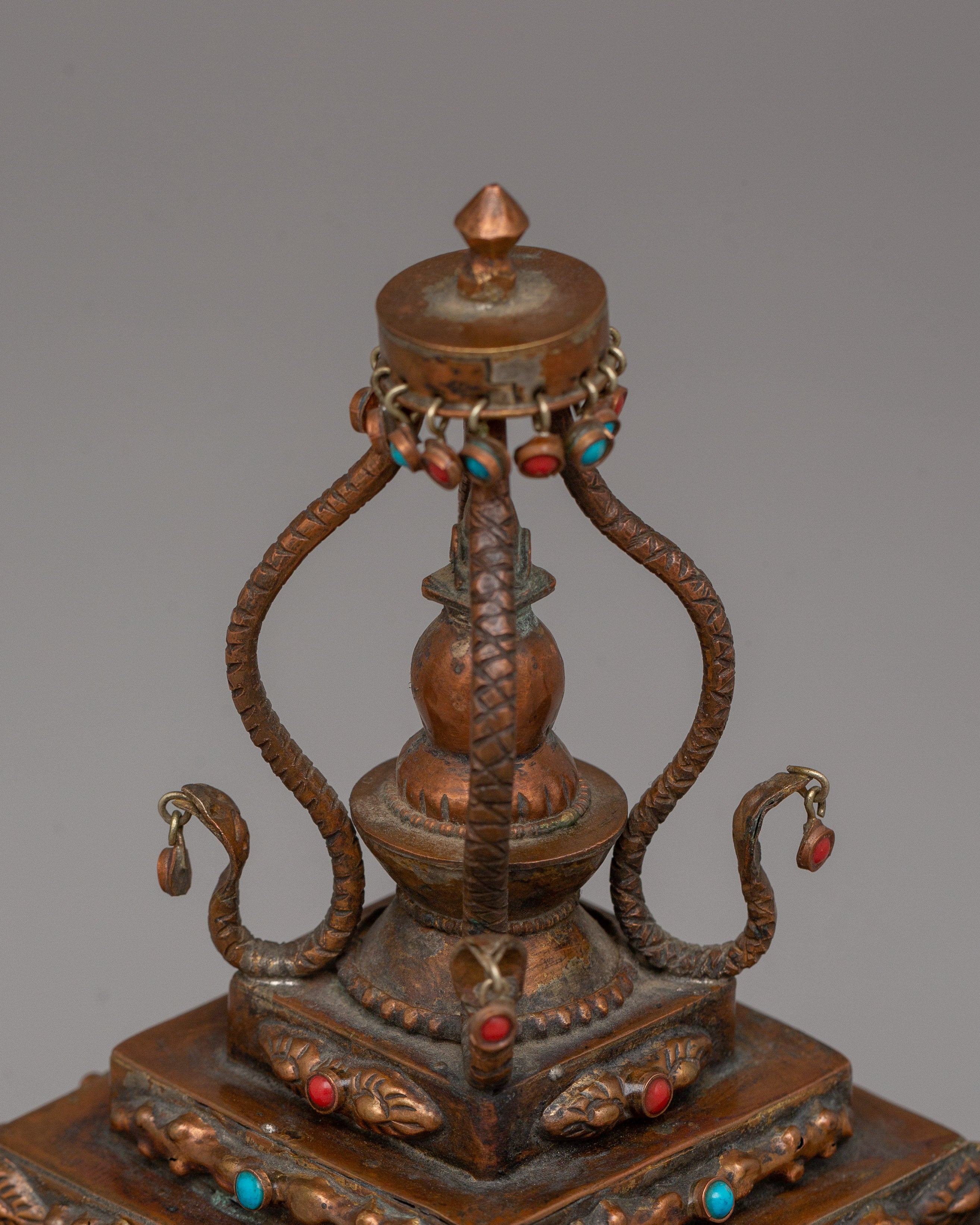 Authentic Buddhist Stupa in Oxidized Copper | Sacred Sculpture for Peace and Harmony
