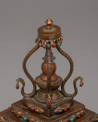 Authentic Buddhist Stupa in Oxidized Copper | Sacred Sculpture for Peace and Harmony