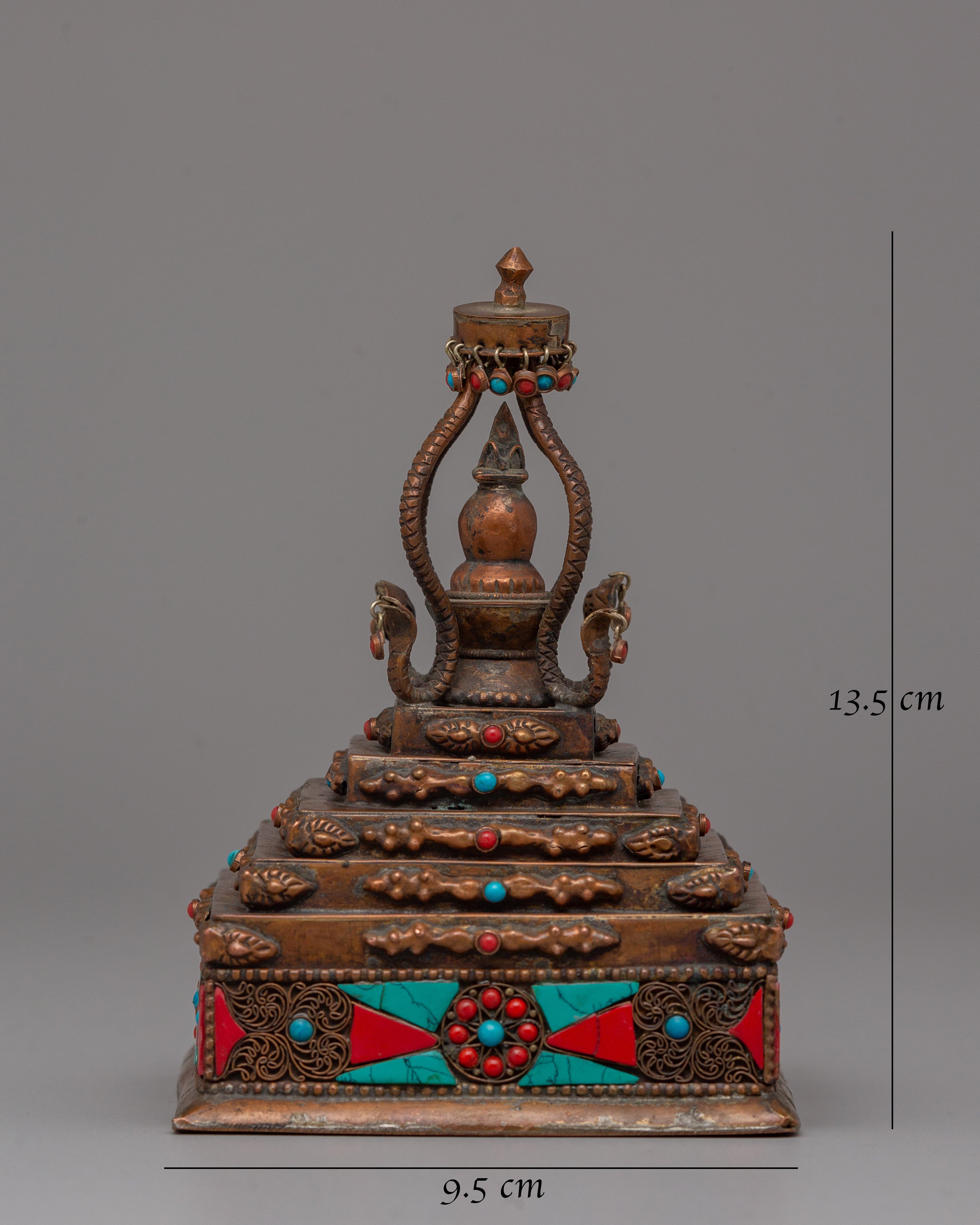 Authentic Buddhist Stupa in Oxidized Copper | Sacred Sculpture for Peace and Harmony