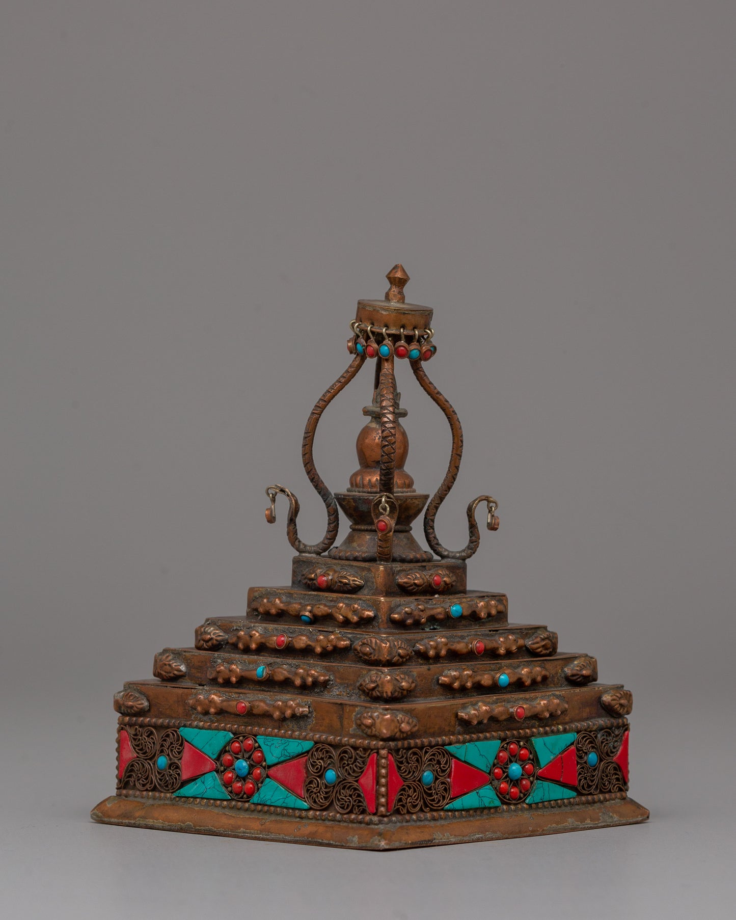 Authentic Buddhist Stupa in Oxidized Copper | Sacred Sculpture for Peace and Harmony