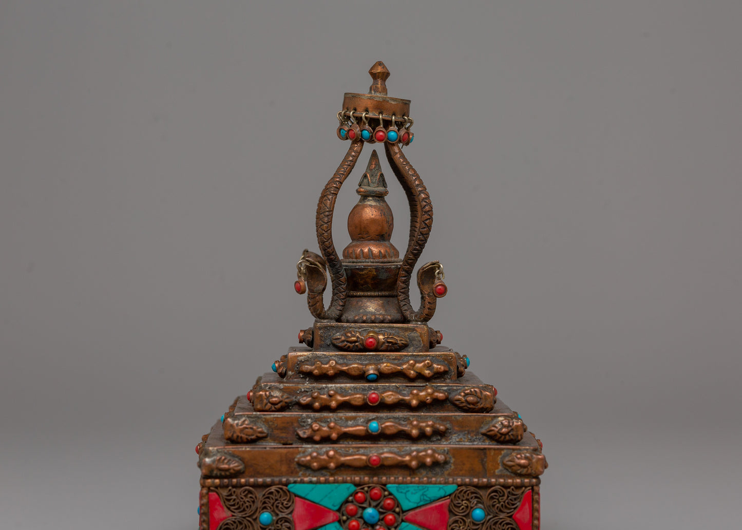 Authentic Buddhist Stupa in Oxidized Copper | Sacred Sculpture for Peace and Harmony