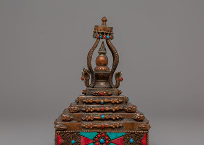 Authentic Buddhist Stupa in Oxidized Copper | Sacred Sculpture for Peace and Harmony