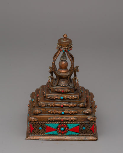 Authentic Buddhist Stupa in Oxidized Copper | Sacred Sculpture for Peace and Harmony