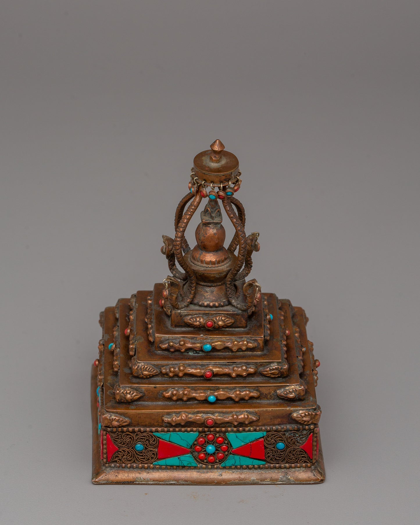 Authentic Buddhist Stupa in Oxidized Copper | Sacred Sculpture for Peace and Harmony