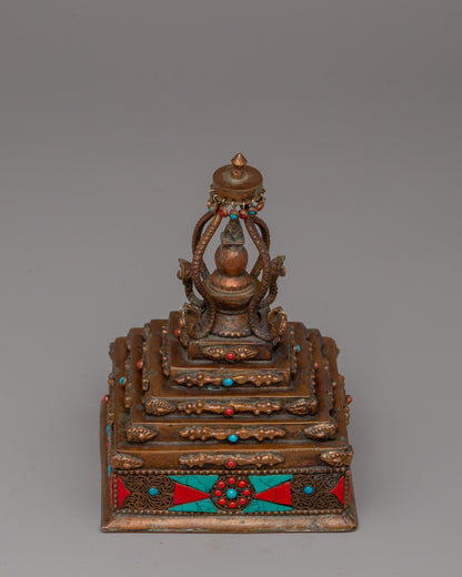 Authentic Buddhist Stupa in Oxidized Copper | Sacred Sculpture for Peace and Harmony