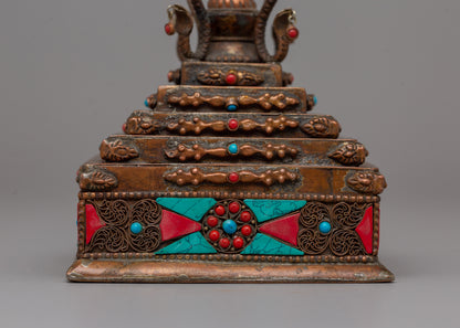 Authentic Buddhist Stupa in Oxidized Copper | Sacred Sculpture for Peace and Harmony