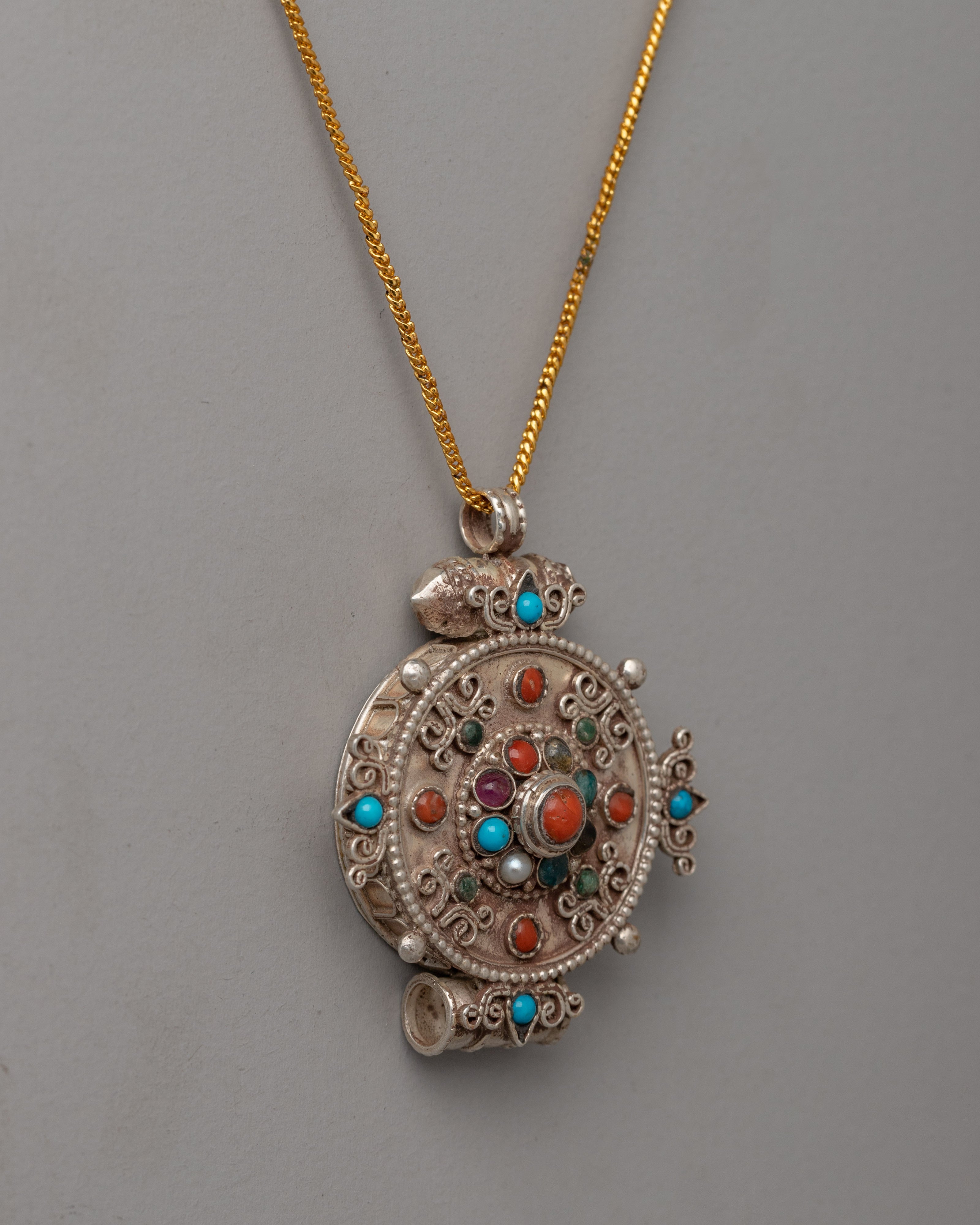 Tibetan Silver-Plated Pendant Ghau Box | Gemstones and Silver Plating