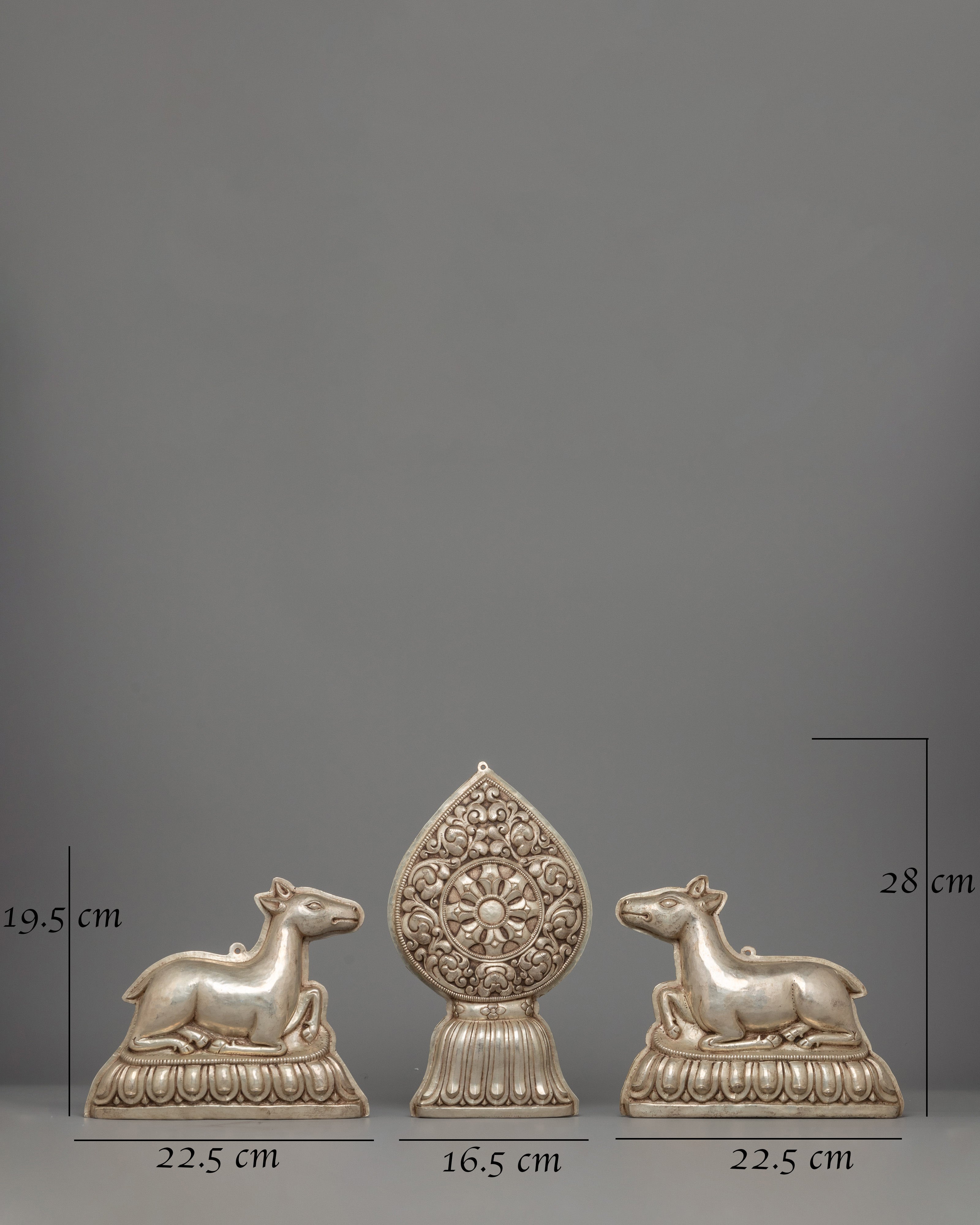 Silver-plated Dharma Wheel with Deer Set | Spiritual Decor
