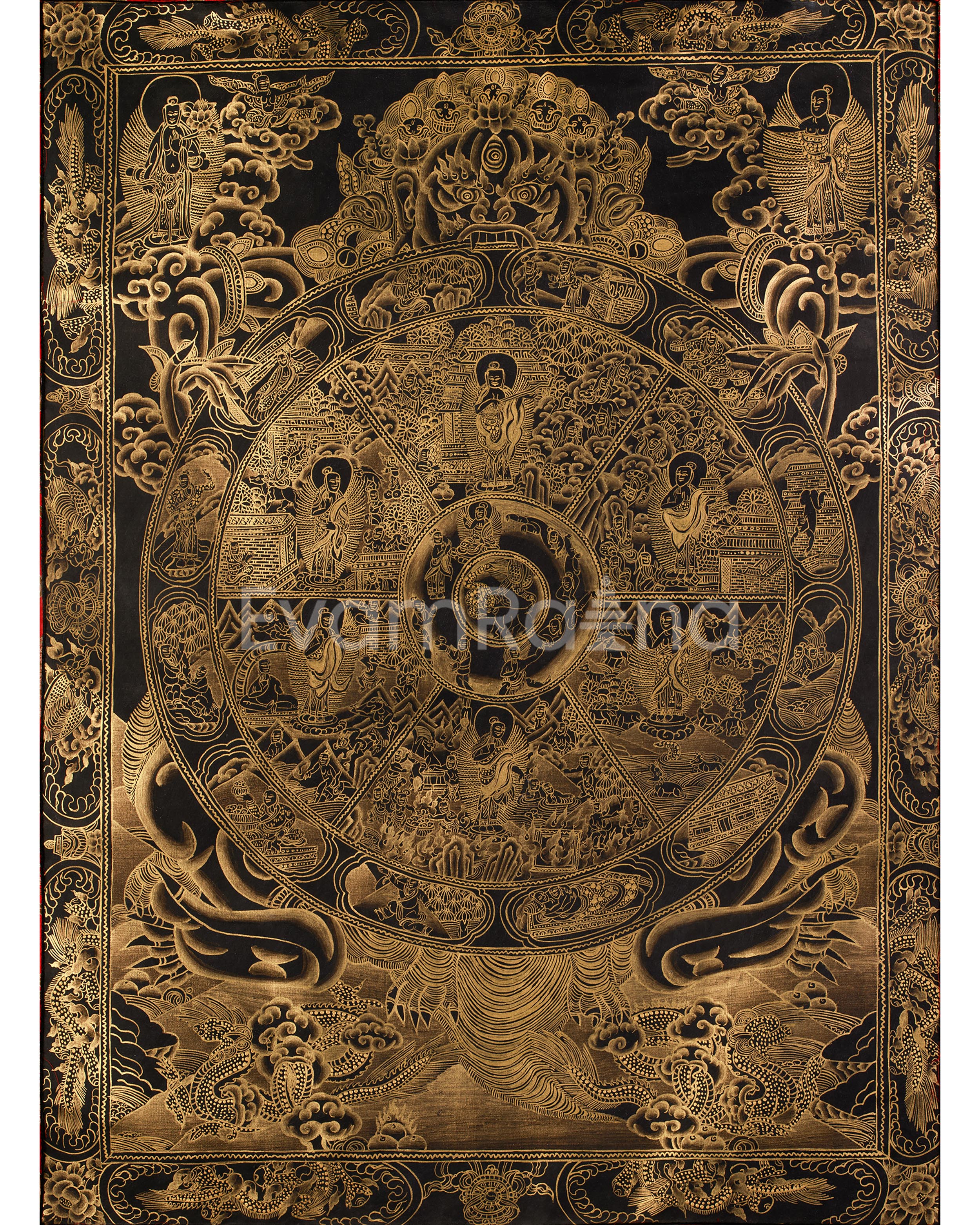 The Wheel of Life (Bhavacakra) Thangka | Fully Gold Embellished on Black Canvas, Brocade Mounted | Tibetan Masterpiece of Samsara