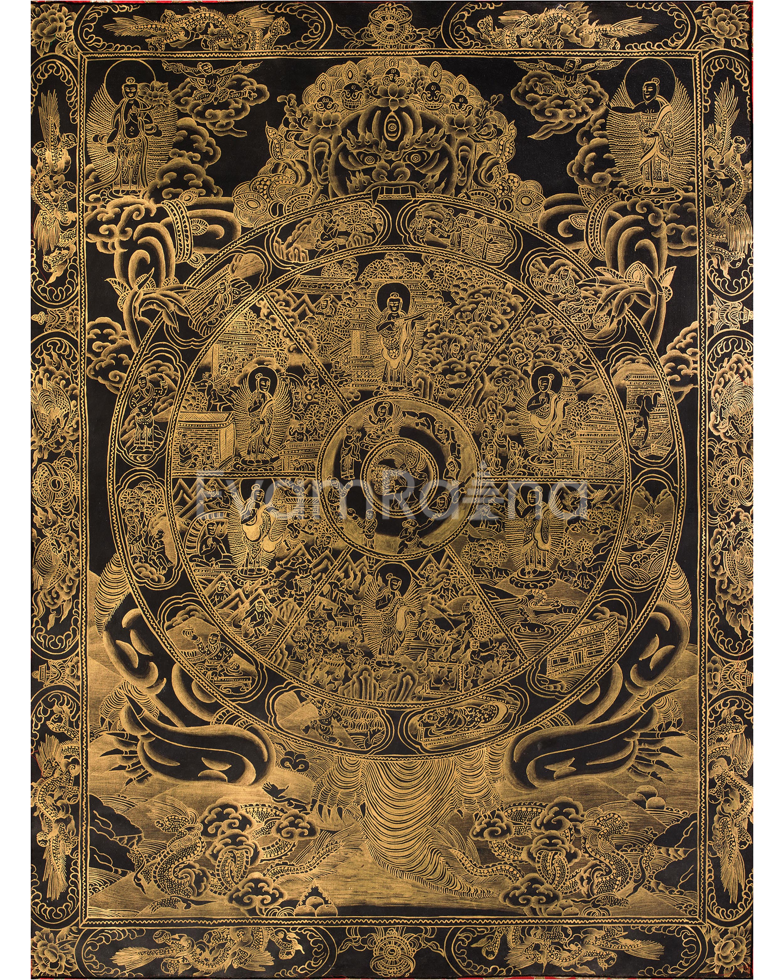 Wheel of Life (Bhavacakra) | Gold Embellished Thangka on Canvas | Brocade Mounted