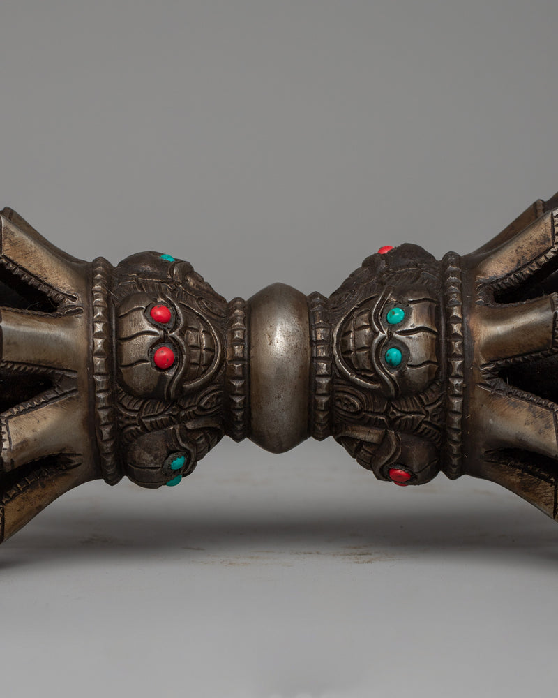 Iron Vajra with a Wooden Base and Turquoise Coral Inlays | Acrylic Painted Base