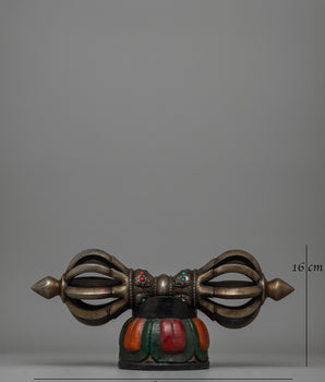 Iron Vajra with a Wooden Base and Turquoise Coral Inlays | Acrylic Painted Base