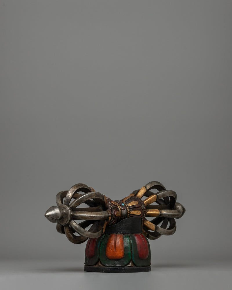 Iron Vajra with Turquoise and Painted Wooden Base | Rituals and Decor