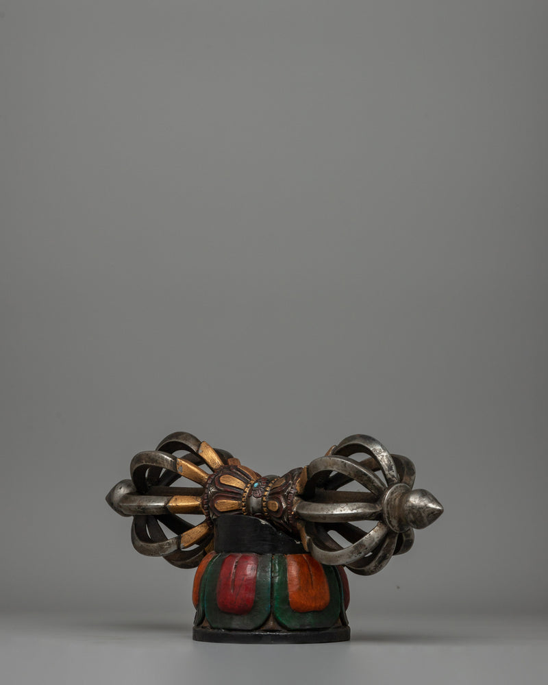 Iron Vajra with Turquoise and Painted Wooden Base | Rituals and Decor