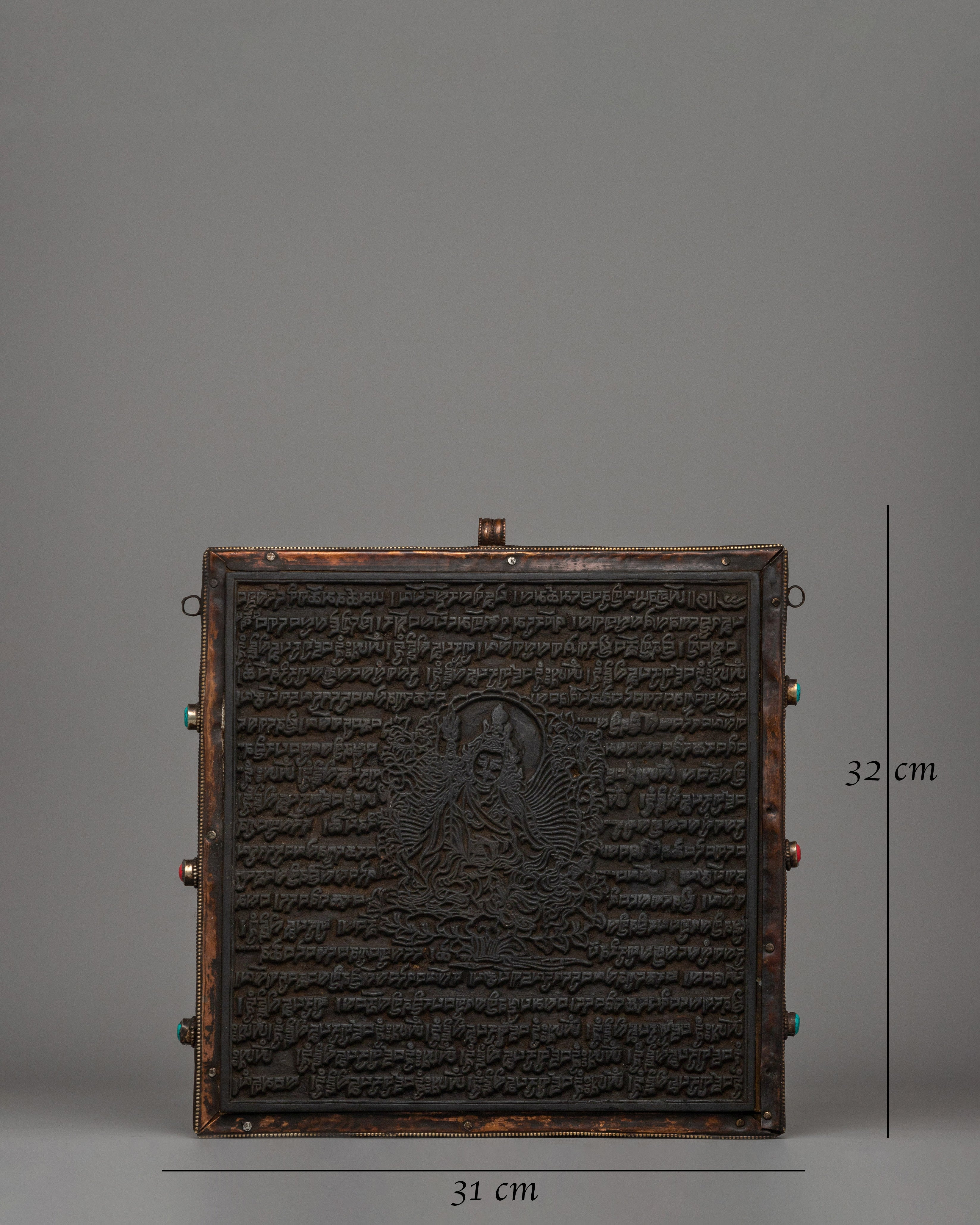 Hand-Carved Flag Stamp of Guru Rinpoche in Copper and Wood | Meditation and Rituals
