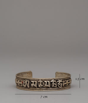 White Metal Buddhist Cuff | Spiritual Jewelry for Harmony and Protection