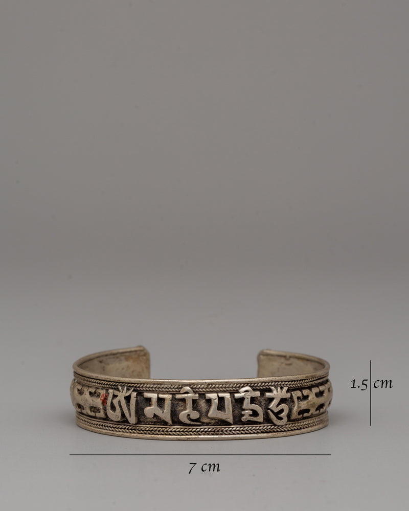 White Metal Buddhist Cuff | Spiritual Jewelry for Harmony and Protection