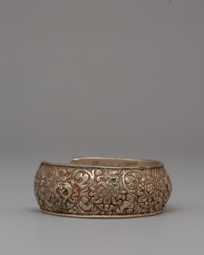 Ornate White Metal Bracelet | Tibetan Bangle for Everyday Wear