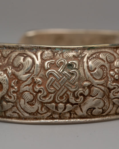 Ornate White Metal Bracelet | Tibetan Bangle for Everyday Wear