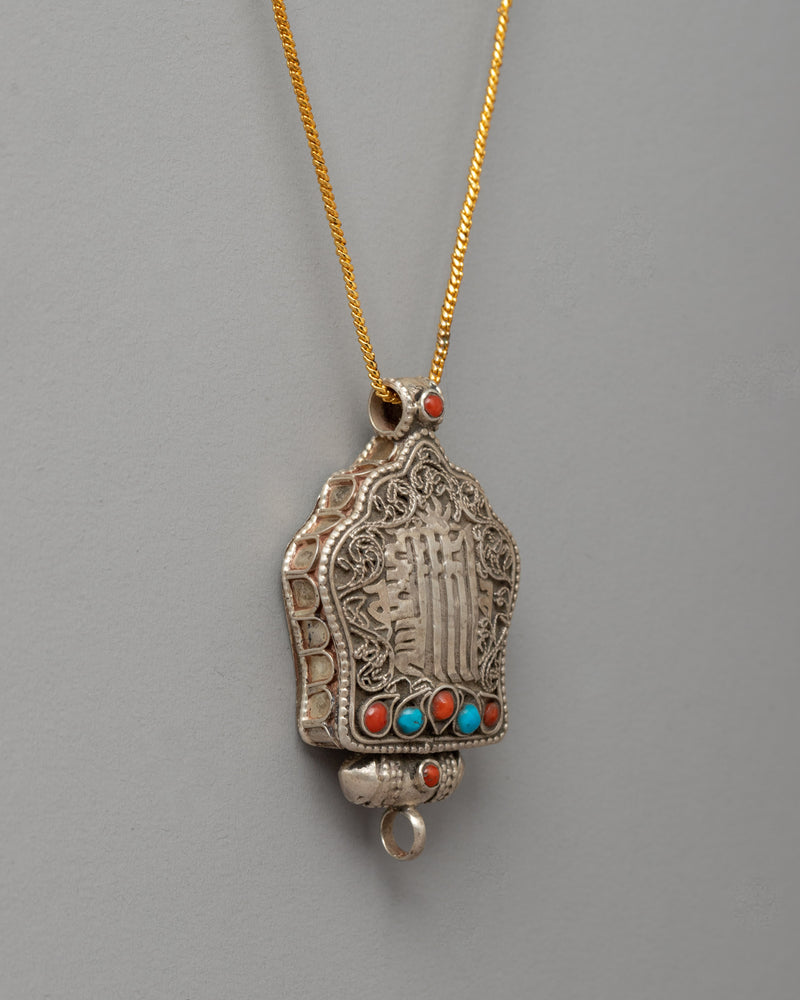 Kalachakra Mantra Ghau Prayer Box Locket | Silver Prayer Box with Coral and Turquoise