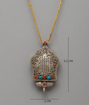 Kalachakra Mantra Ghau Prayer Box Locket | Silver Prayer Box with Coral and Turquoise