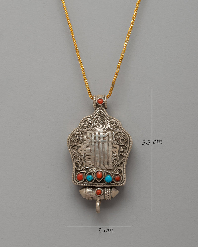 Kalachakra Mantra Ghau Prayer Box Locket | Silver Prayer Box with Coral and Turquoise