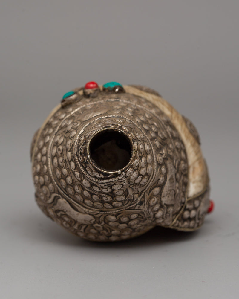 Tibetan Silver Conch Shell Sankha | Buddhist Artisan Decor